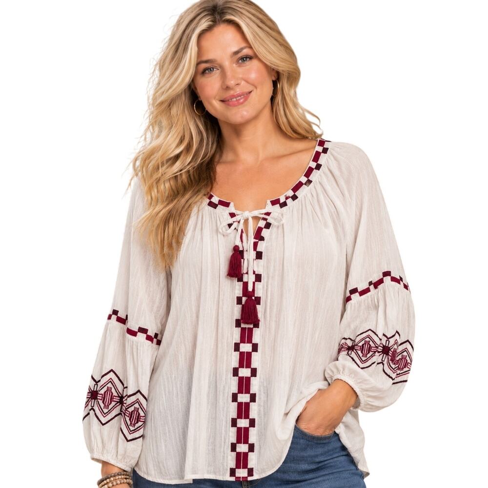 Lane Bryant Billowy Peasant Top Womens Size 22 White Embroidered Boho Blouse